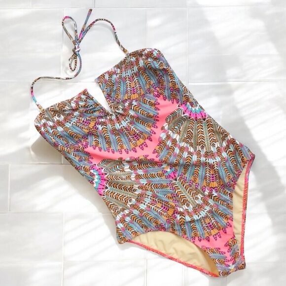 Mara Hoffman Swim One Piece Swimsuit Size Small Pink Feather Print Cutout Back - Picture 1 of 15